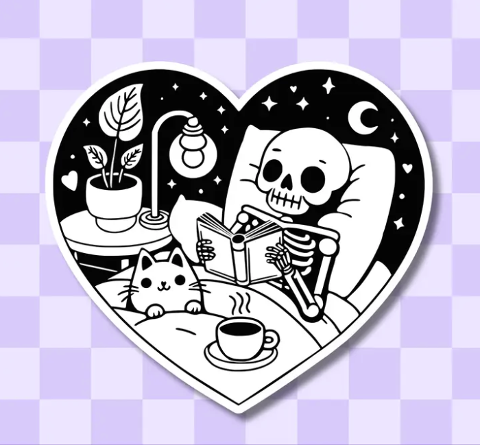 Cozy Reading Skeleton And Cat Sticker