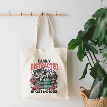 [ESEDBCABCTB] Easily Distracted By Cats And Books Canvas Tote Bag